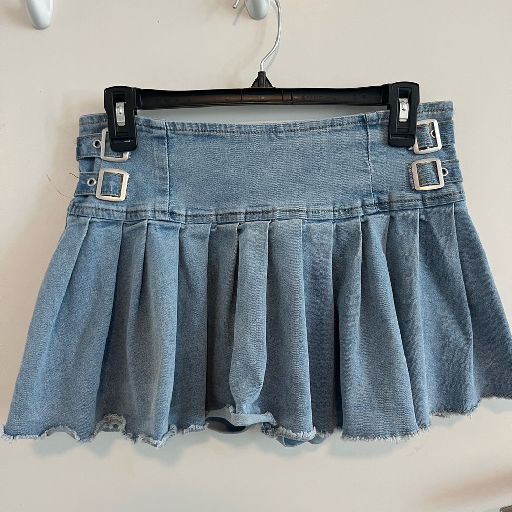 Almost Famous Light Blue Denim Pleated Mini Skirt with Buckles